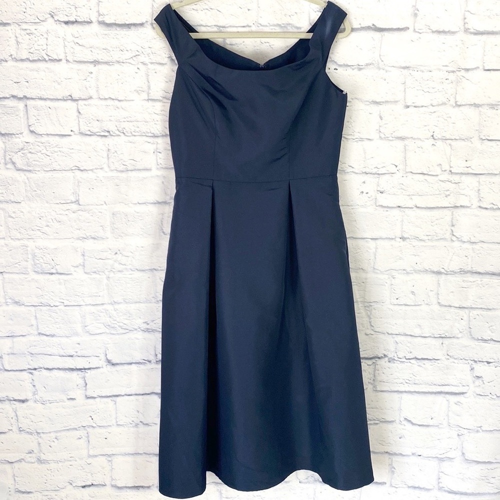 Jenny Packham Bridesmaids Mikado navy blue off shoulder belted midi dress